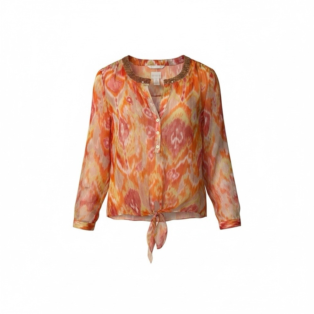 Chicos Womens Blouse Sz 0 4US Sheer Print Sequin Collar Tie Front Orange Pink